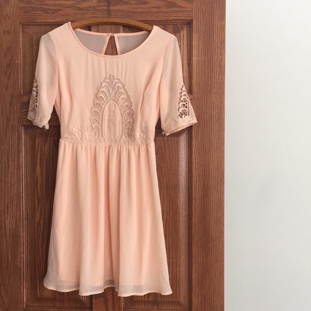 peach dress with lace inlays